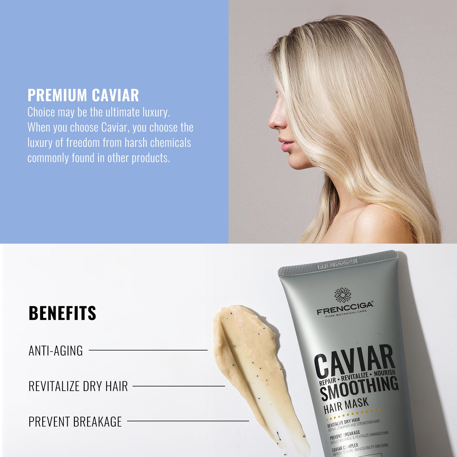 "FRENCCIGA Caviar Repair + Revitalize + Nourish Smoothing Hair Mask – Intensive Treatment for Damaged, Dry & Frizzy Hair | Sulfate-Free, Luxury Hair Care