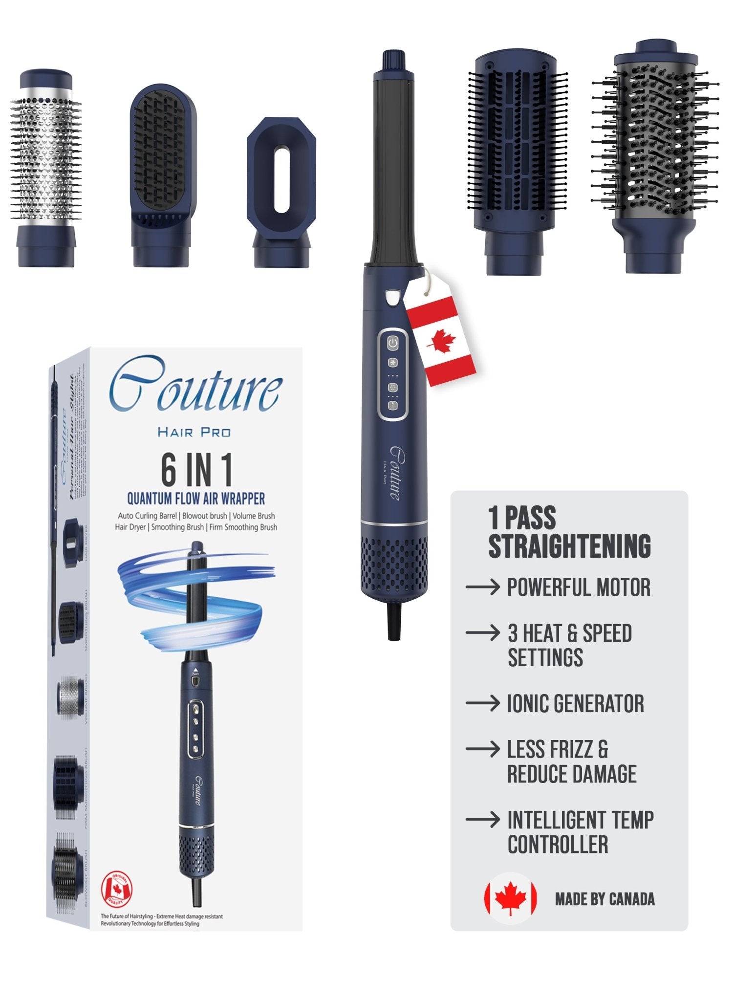 Couture Hair Pro Air Wrapper 6 on 1 | Blow Dryer, Soft Smoothing Brush, Volumizing Brush, Smoothing Brush, Blowout Brush and Autowrap Barrel | Navy Blue - Couture Hair Pro