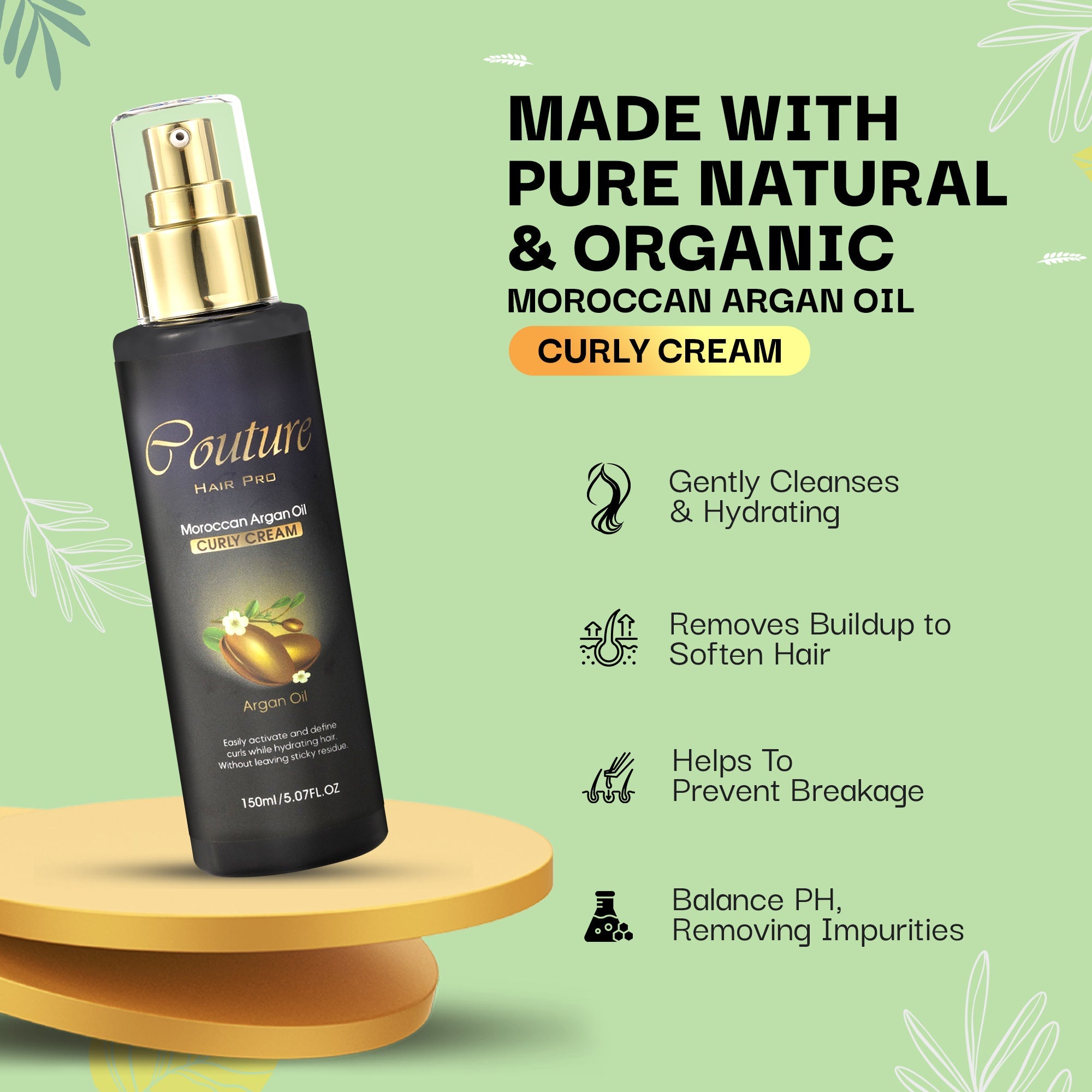 Couture Hair Pro Argan Oil Curly Cream - Anti HairLoss Curls Defining Cream - Scalp Repairing and Hair Growth Curling Cream infused with Biotin, Keratin, Rosemary Oil - 150 ML - Couture Hair Pro