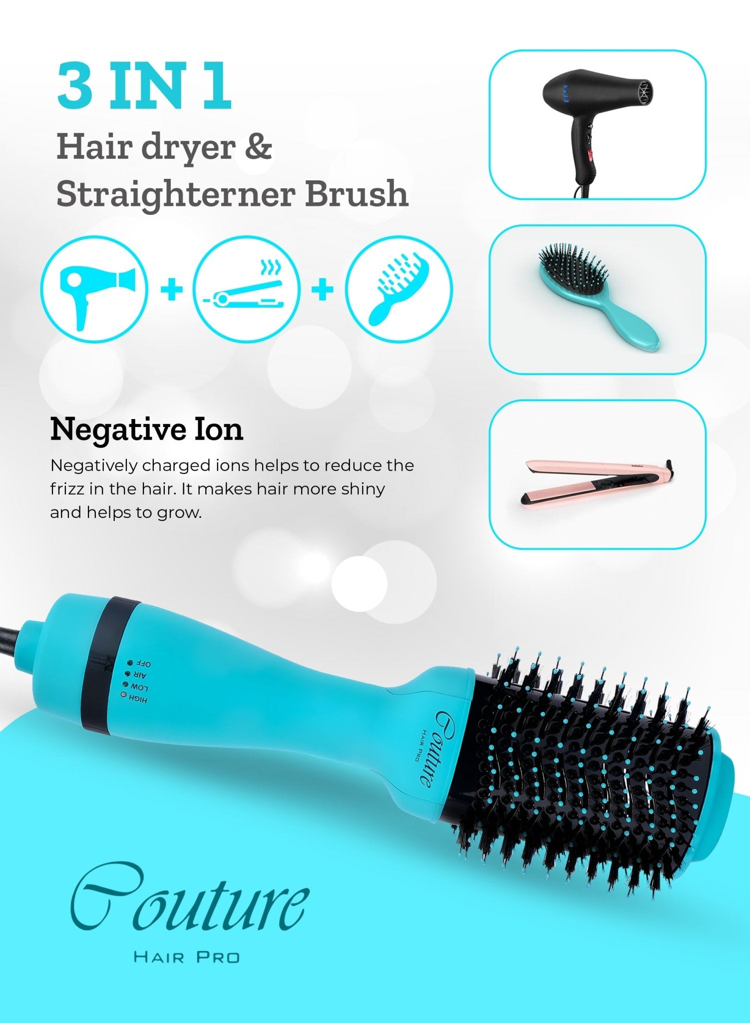 Couture Hair Pro Hot Air Brush - 3 in 1 Hair Straightening Brush, Volumizer & Dryer - Blue - Couture Hair Pro