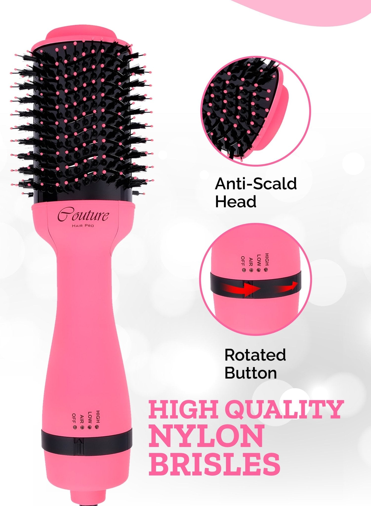 Couture Hair Pro Hot Air Brush - 3 in 1 Hair Straightening Brush, Volumizer & Dryer - Pink Neon - Couture Hair Pro