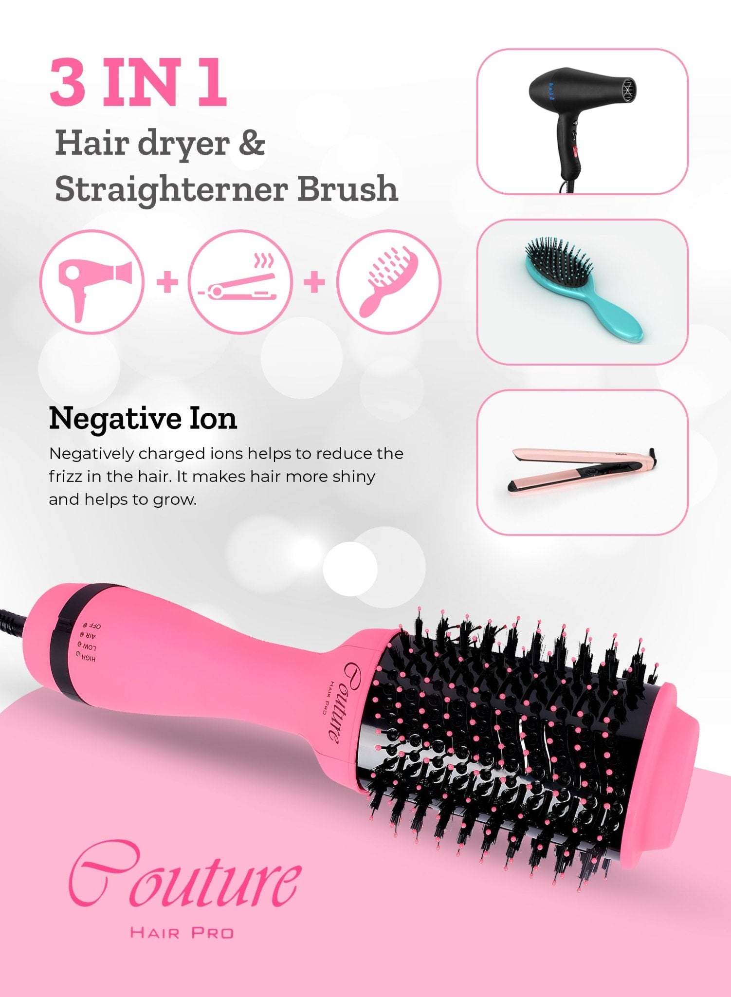 Couture Hair Pro Hot Air Brush - 3 in 1 Hair Straightening Brush, Volumizer & Dryer - Pink Neon - Couture Hair Pro