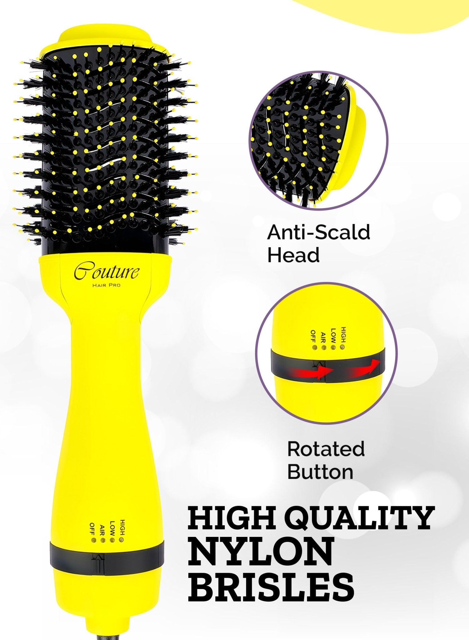 Couture Hair Pro Hot Air Brush - 3 in 1 Hair Straightening Brush, Volumizer & Dryer - Yellow - Couture Hair Pro