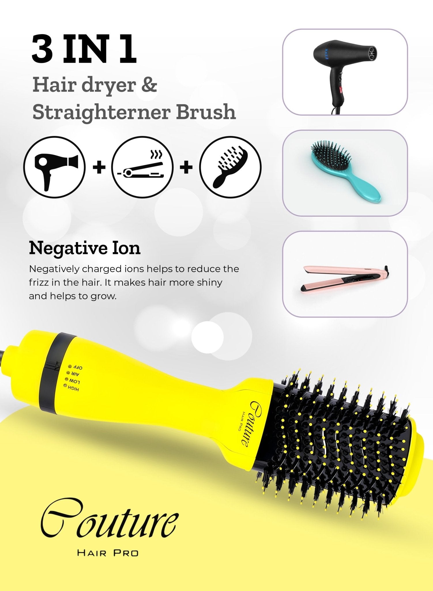 Couture Hair Pro Hot Air Brush - 3 in 1 Hair Straightening Brush, Volumizer & Dryer - Yellow - Couture Hair Pro