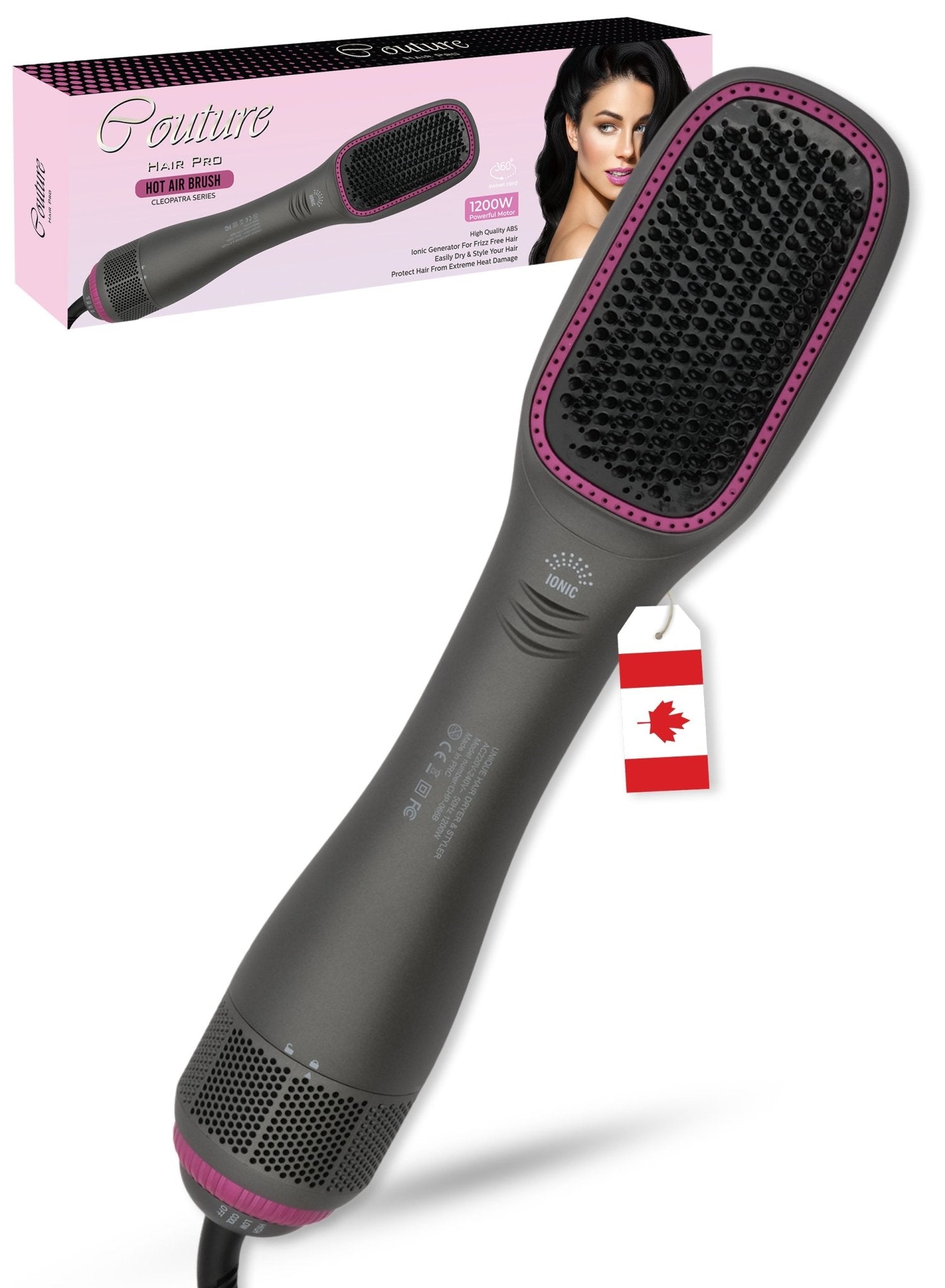 Couture Hair Pro Hot Air Brush & Dryer with Antiscald Ceramic Bristles - Grey - Couture Hair Pro