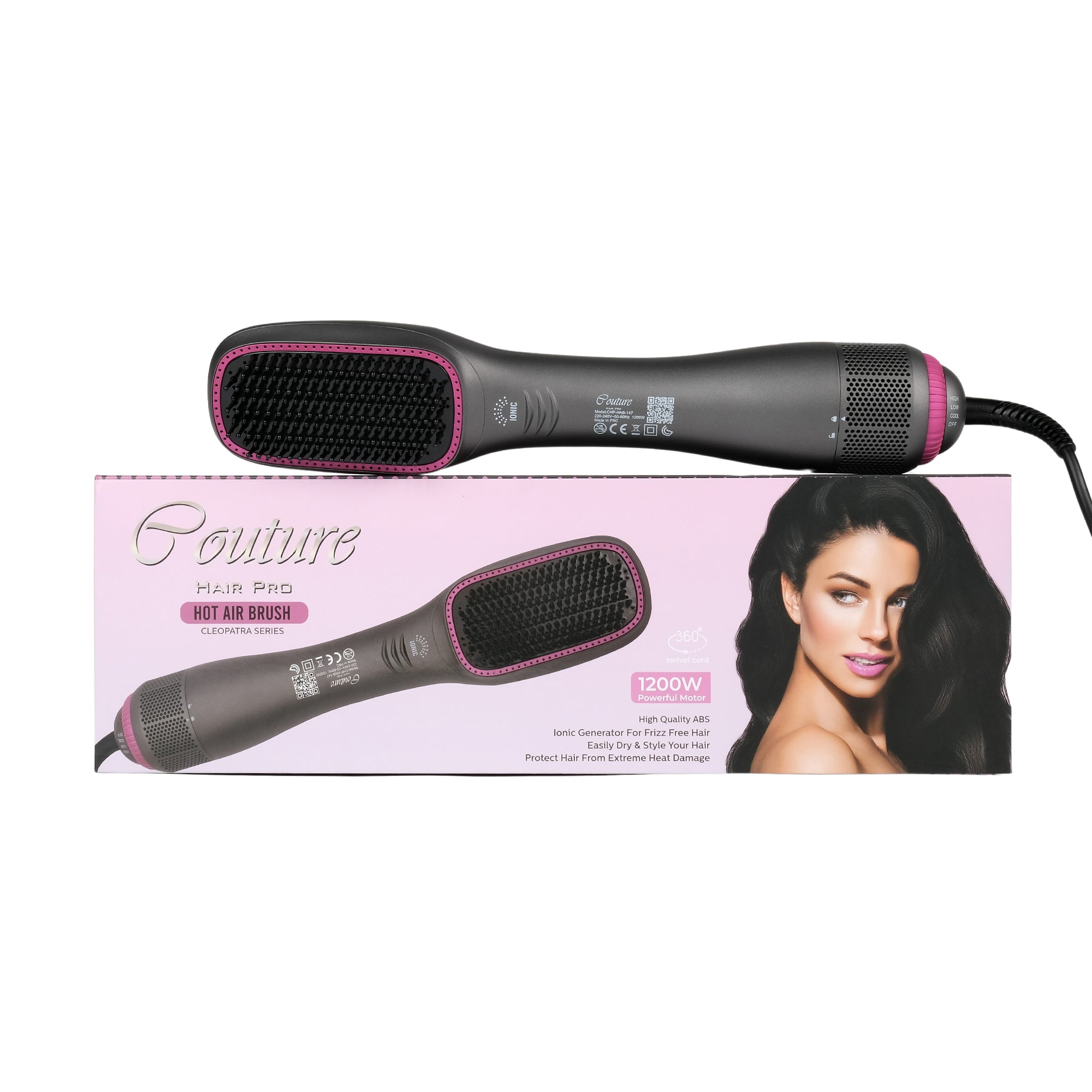 Hot Air Brush & Dryer with Antiscald Ceramic Bristles - Grey + Automatic Hair Curler - Rose Gold - Couture Hair Pro