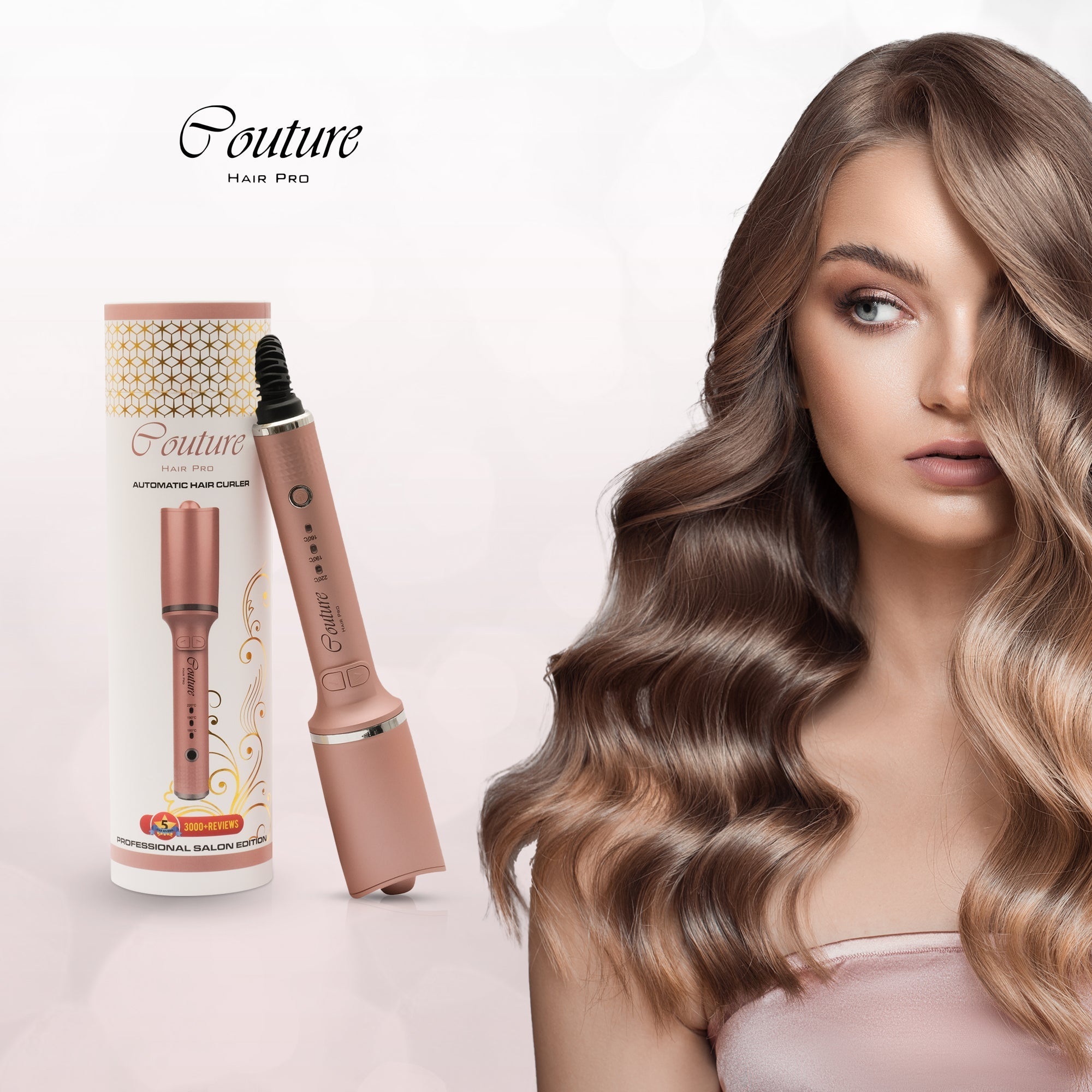 Hot Air Brush & Dryer with Antiscald Ceramic Bristles - Grey + Automatic Hair Curler - Rose Gold - Couture Hair Pro