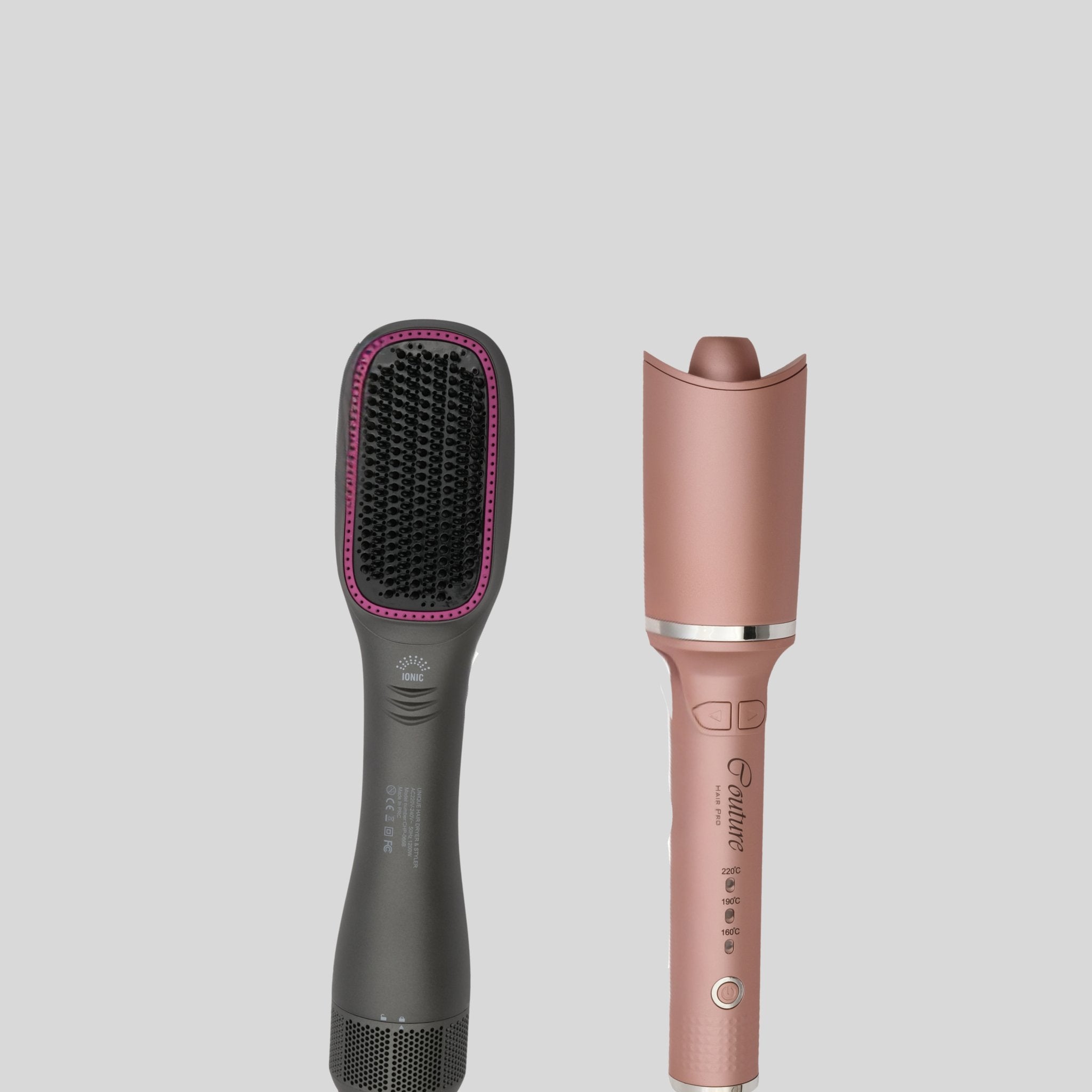 Hot Air Brush & Dryer with Antiscald Ceramic Bristles - Grey + Automatic Hair Curler - Rose Gold - Couture Hair Pro