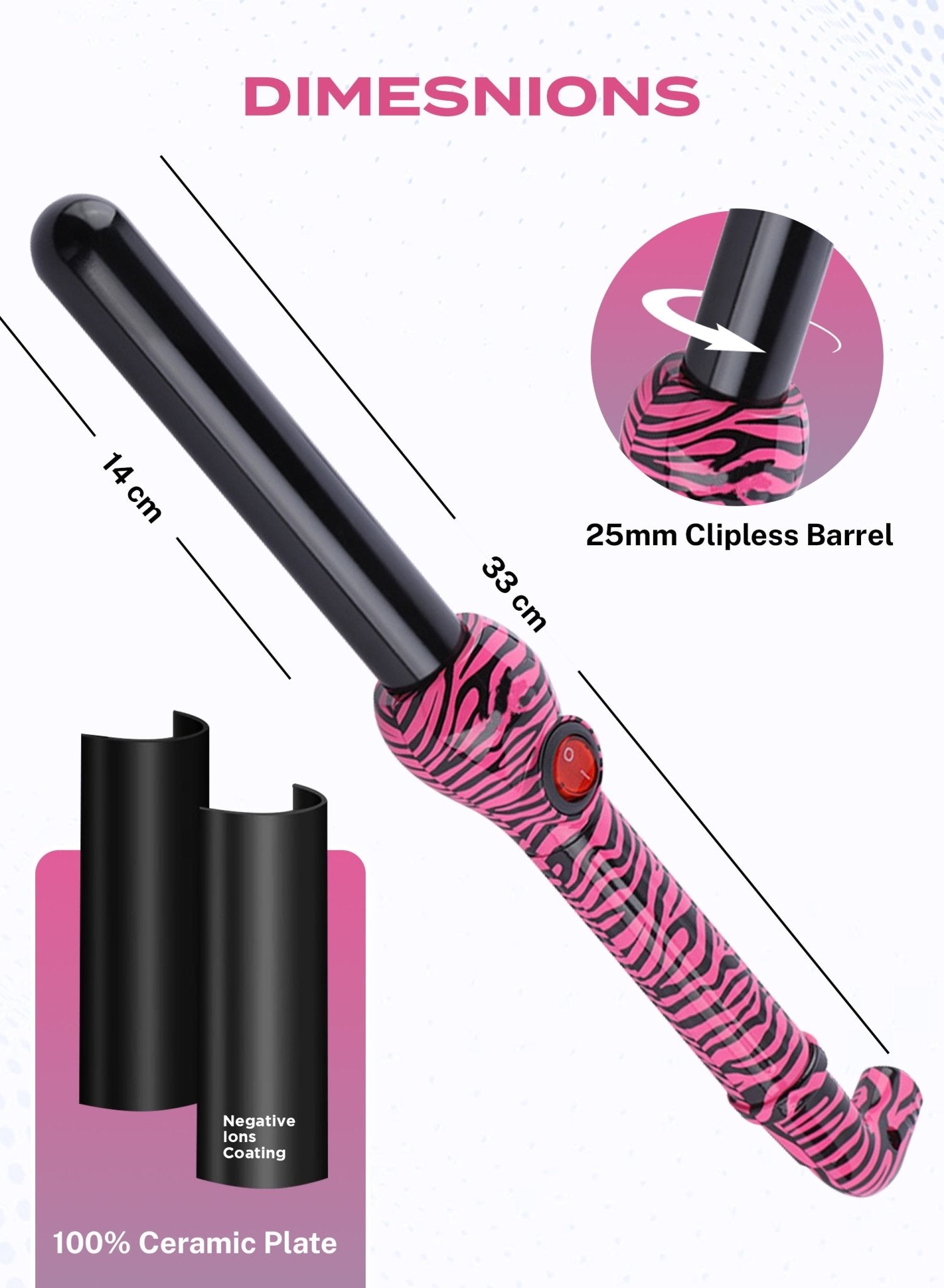 Jose Eber Pro Style 25mm Clipless Ceramic Curling Iron - Long Lasting and Shiny Curls - Pink Zebra - Couture Hair Pro