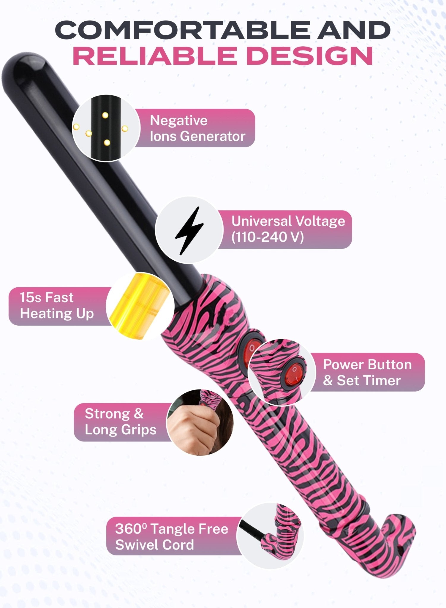 Jose Eber Pro Style 25mm Clipless Ceramic Curling Iron - Long Lasting and Shiny Curls - Pink Zebra - Couture Hair Pro