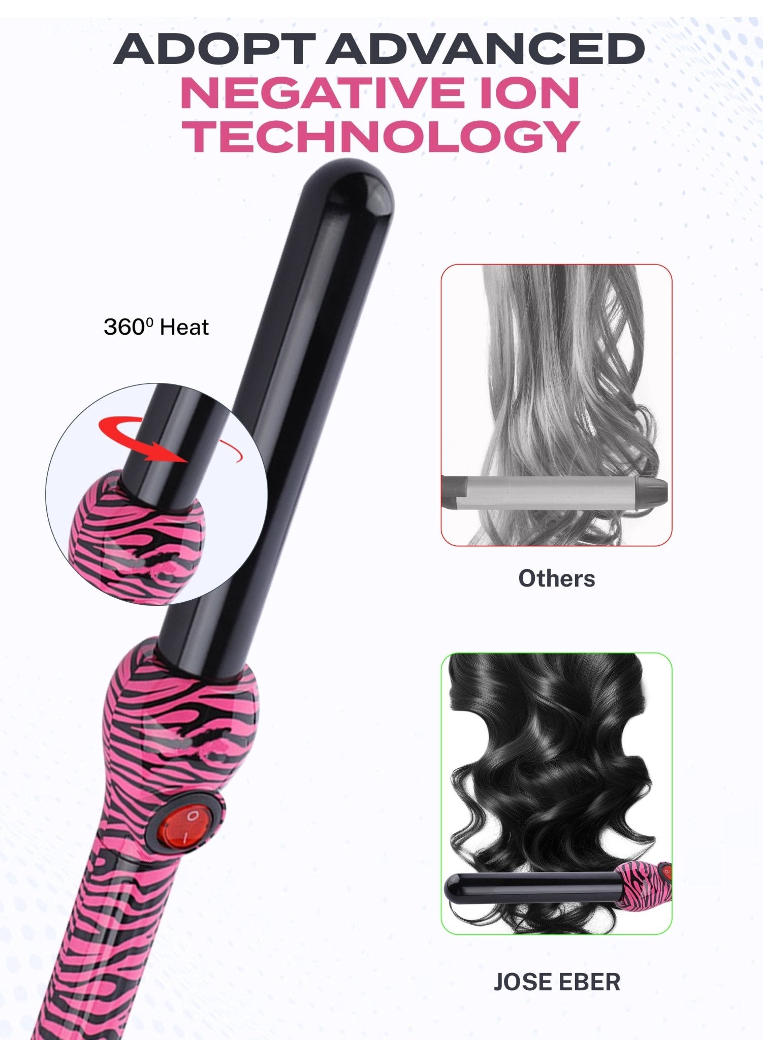 Jose Eber Pro Style 25mm Clipless Ceramic Curling Iron - Long Lasting and Shiny Curls - Pink Zebra - Couture Hair Pro