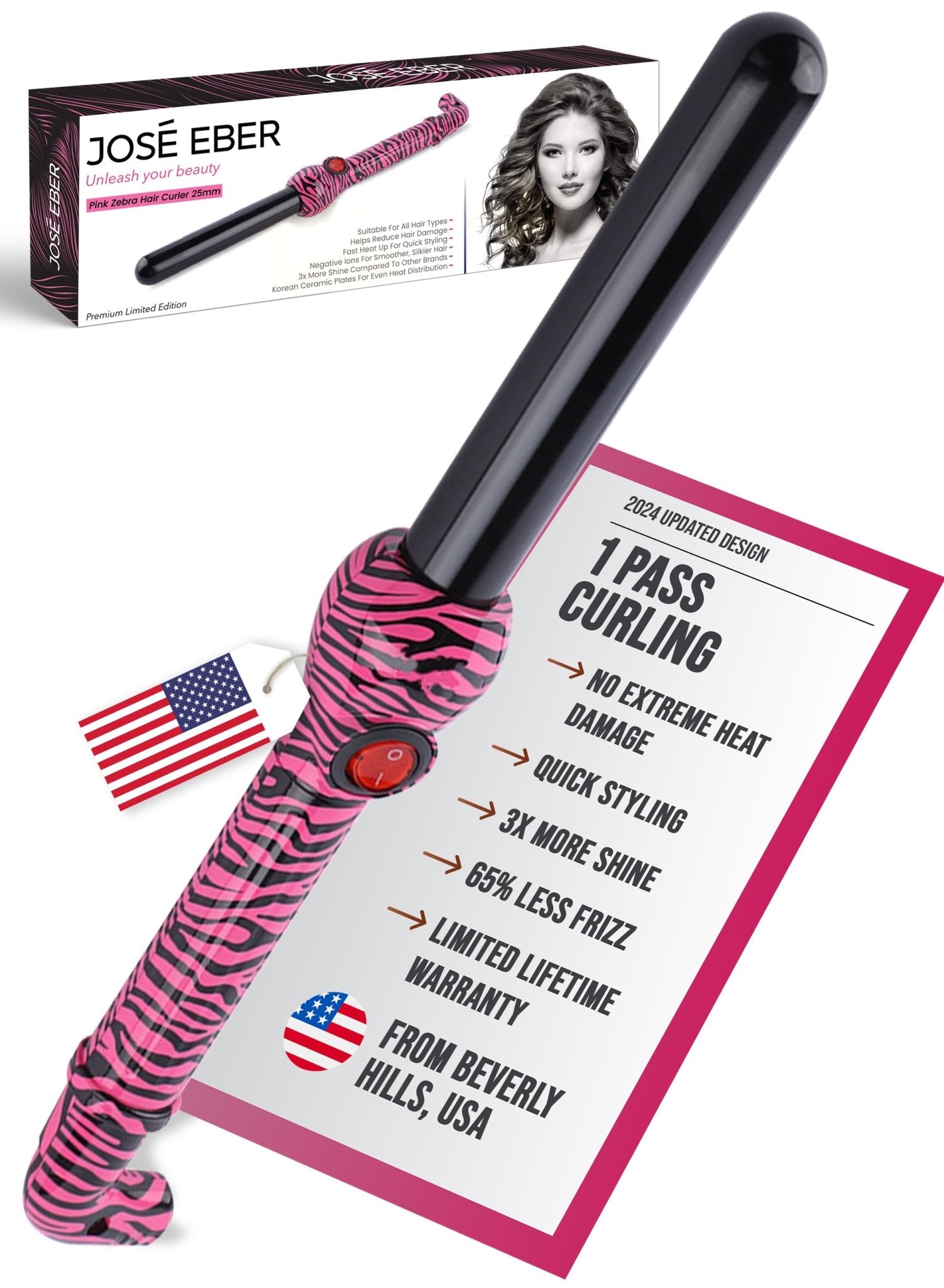 Jose Eber Pro Style 25mm Clipless Ceramic Curling Iron - Long Lasting and Shiny Curls - Pink Zebra - Couture Hair Pro