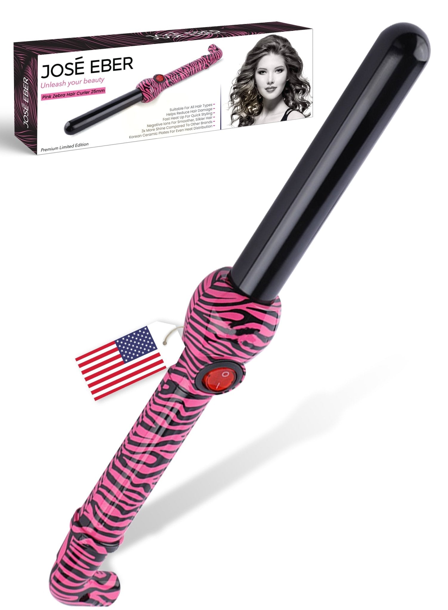 Jose Eber Pro Style 25mm Clipless Ceramic Curling Iron - Long Lasting and Shiny Curls - Pink Zebra - Couture Hair Pro