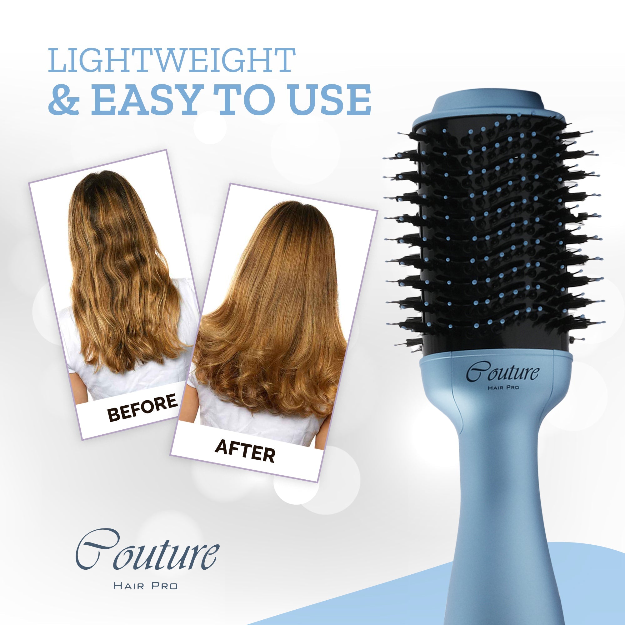 Couture Hair Pro Hot Air Brush - 3 in 1 Hair Straightening Brush, Volumizer & Dryer - Baby Blue - Couture Hair Pro