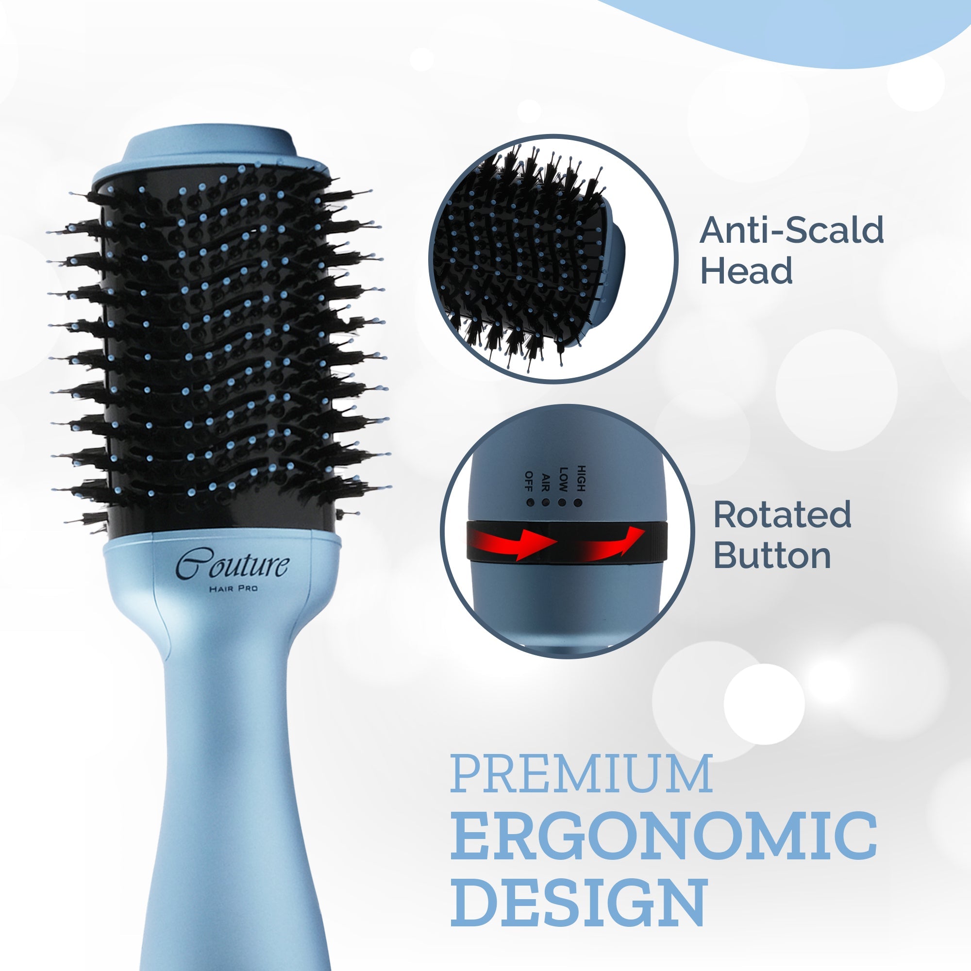 Couture Hair Pro Hot Air Brush - 3 in 1 Hair Straightening Brush, Volumizer & Dryer - Baby Blue - Couture Hair Pro