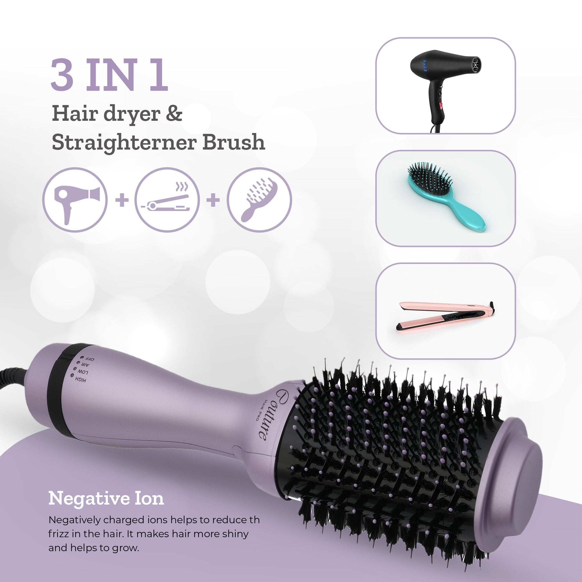 Couture Hair Pro Hot Air Brush - 3 in 1 Hair Straightening Brush, Volumizer & Dryer - Lavender - Couture Hair Pro