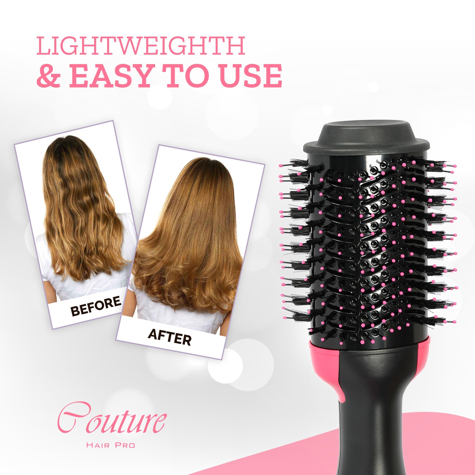 Couture Hair Pro Hot Air Brush - 3 in 1 Hair Straightening Brush, Volumizer & Dryer - Pink - Couture Hair Pro