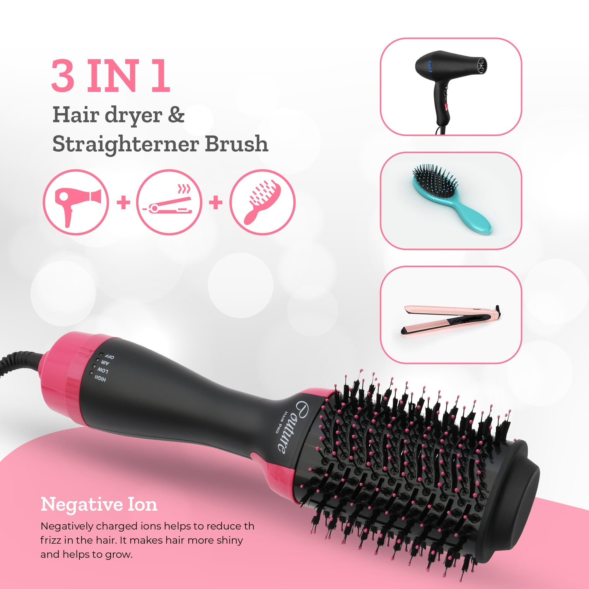 Couture Hair Pro Hot Air Brush - 3 in 1 Hair Straightening Brush, Volumizer & Dryer - Pink - Couture Hair Pro