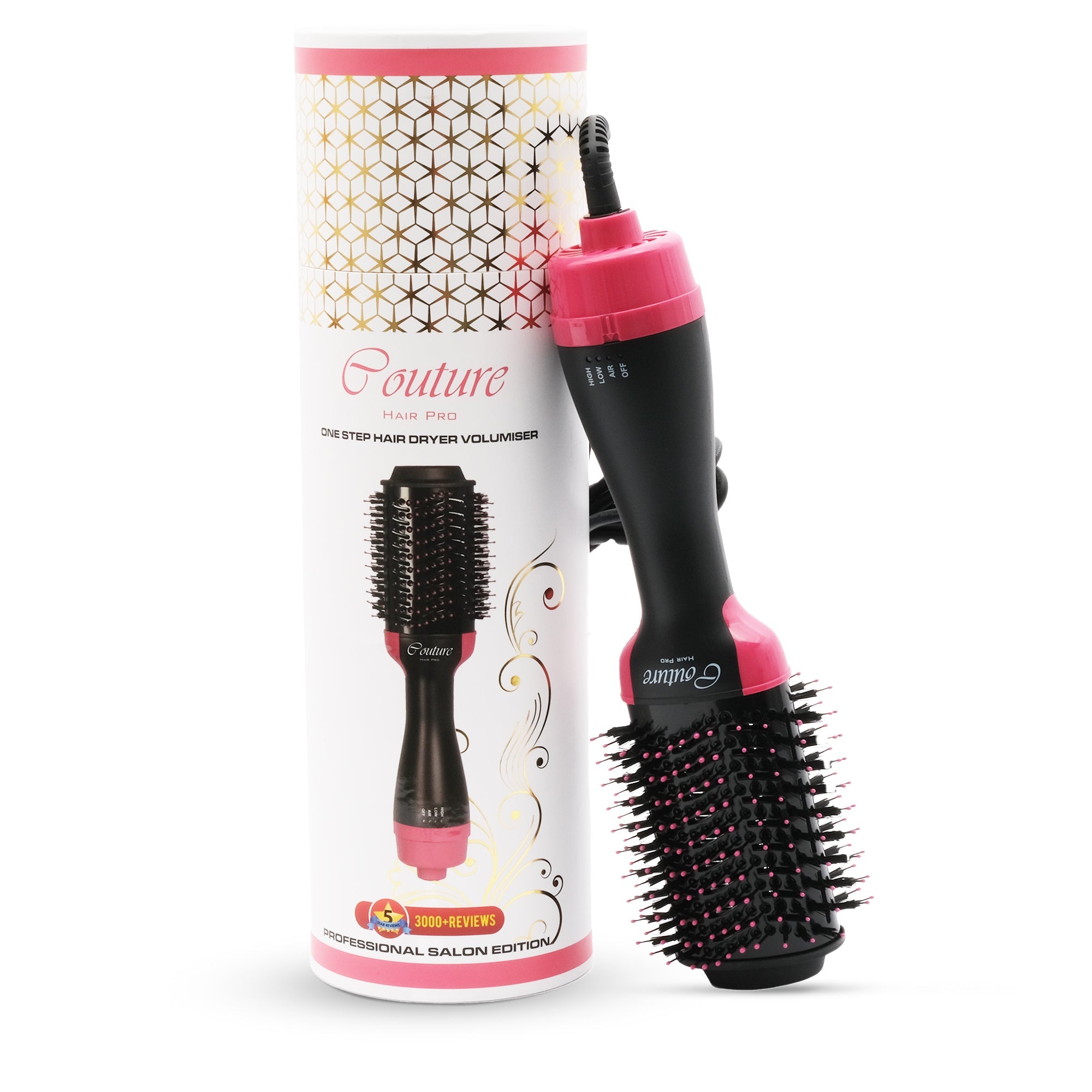 Couture Hair Pro Hot Air Brush - 3 in 1 Hair Straightening Brush, Volumizer & Dryer - Pink - Couture Hair Pro