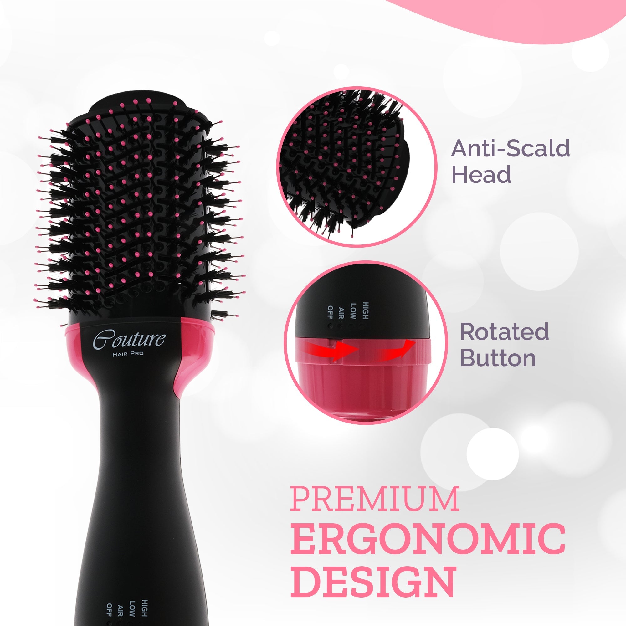 Couture Hair Pro Hot Air Brush - 3 in 1 Hair Straightening Brush, Volumizer & Dryer - Pink - Couture Hair Pro