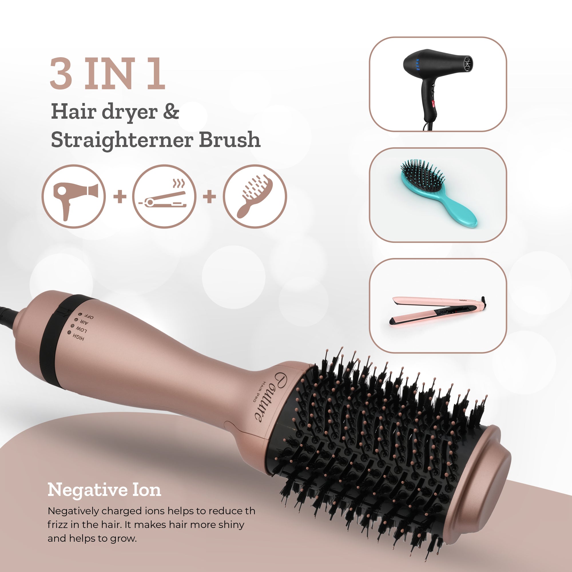 Couture Hair Pro Hot Air Brush 3 in 1 Hair Straightening Brush Volumizer Dryer Rose Gold Rosegold