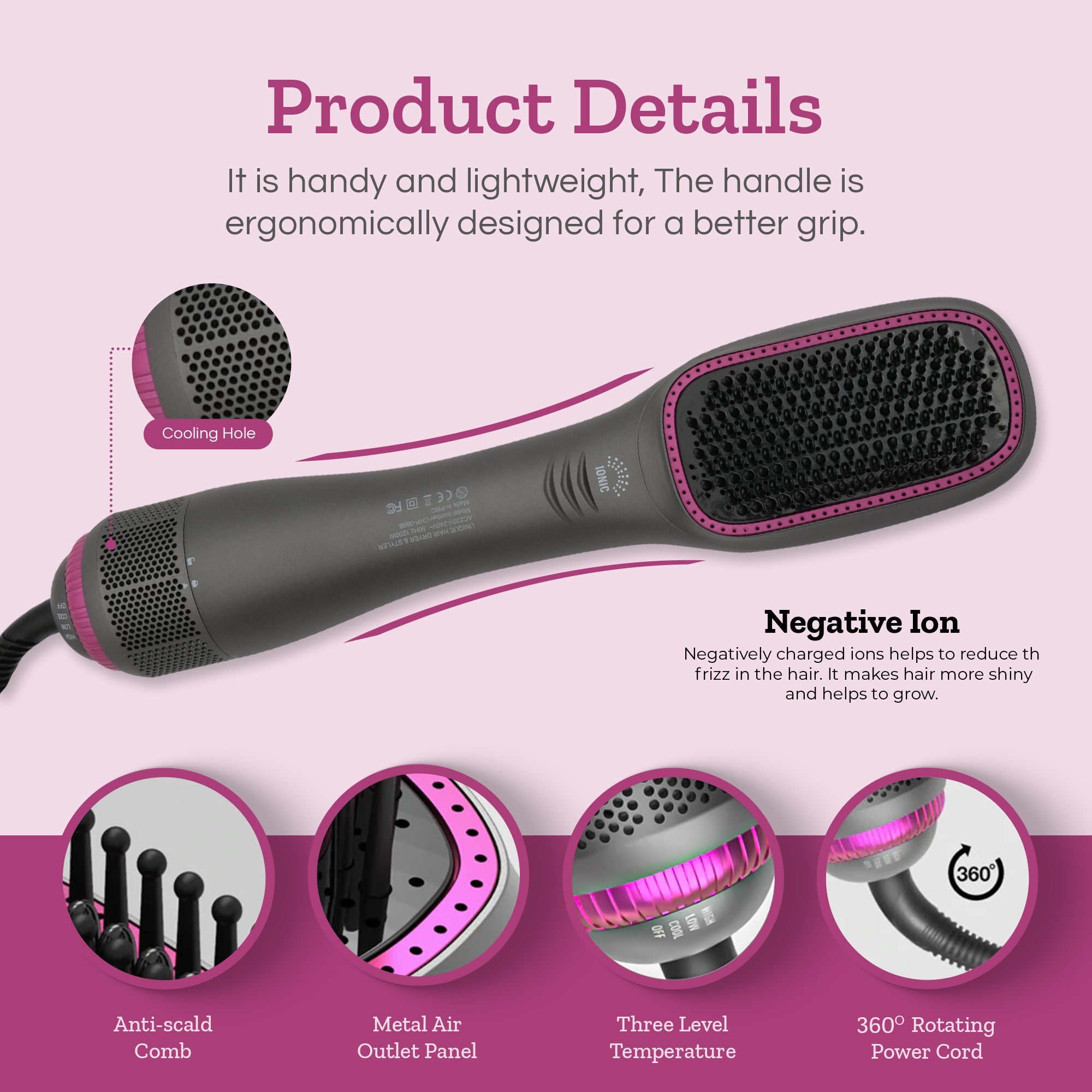 Couture Hair Pro Hot Air Brush & Dryer with Antiscald Ceramic Bristles- Grey - Couture Hair Pro