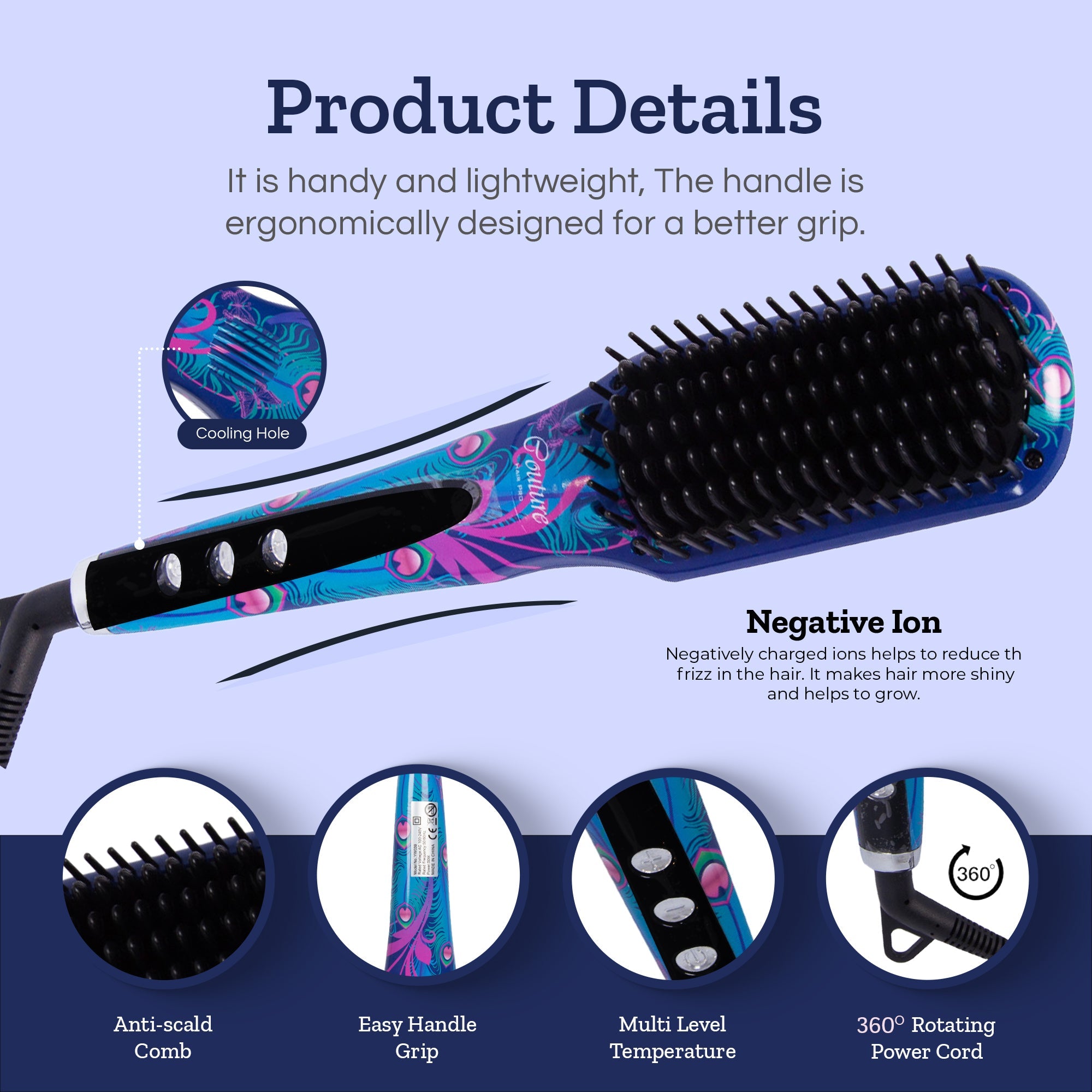 Couture Hair Pro Hot Straightening Brush Ceramic Bristles - Peacock - Couture Hair Pro